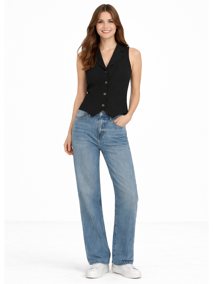 Greta Tailored Black Vest — full body front view styled with jeans | Bianco Jeans