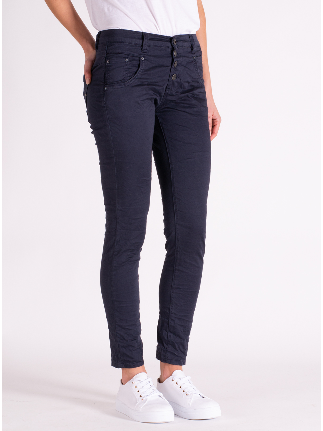 Blake Graphite Slim Boyfriend Pant — half body side facing view | Bianco Jeans
