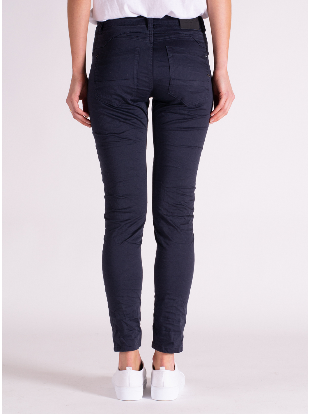 Blake Graphite Slim Boyfriend Pant — half body back facing view | Bianco Jeans