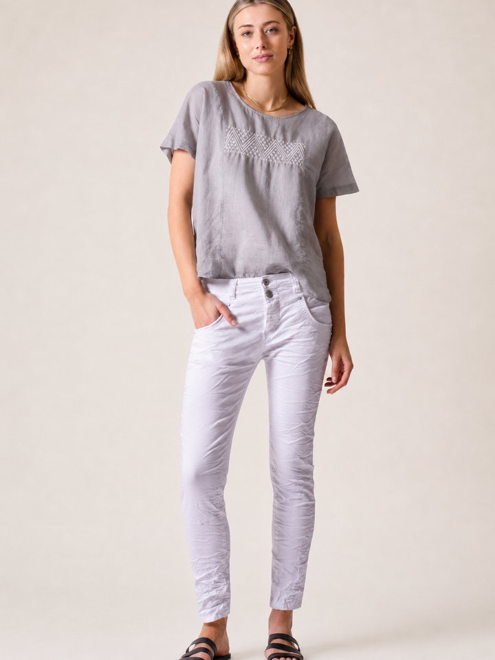 Blake White Slim Boyfriend Pant — full body front facing styled image | Bianco Jeans