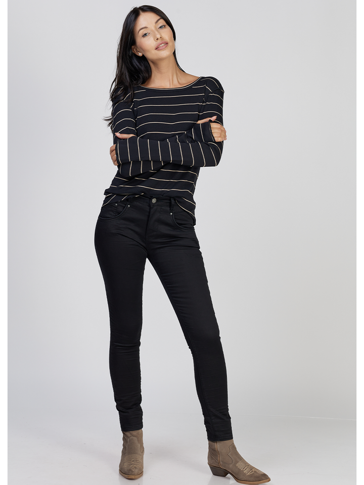 Blake Black Slim Boyfriend Pant — full body front facing styled image | Bianco Jeans