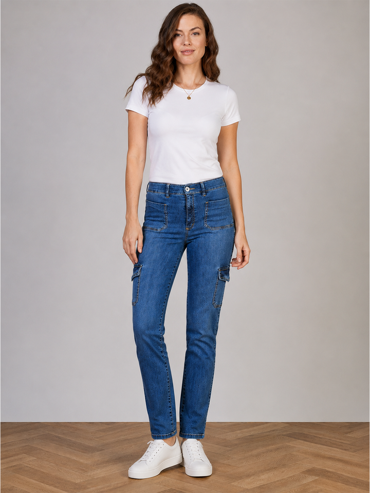 Utility Straight Jean – Mid Blue — full body front facing styled image | Bianco Jeans