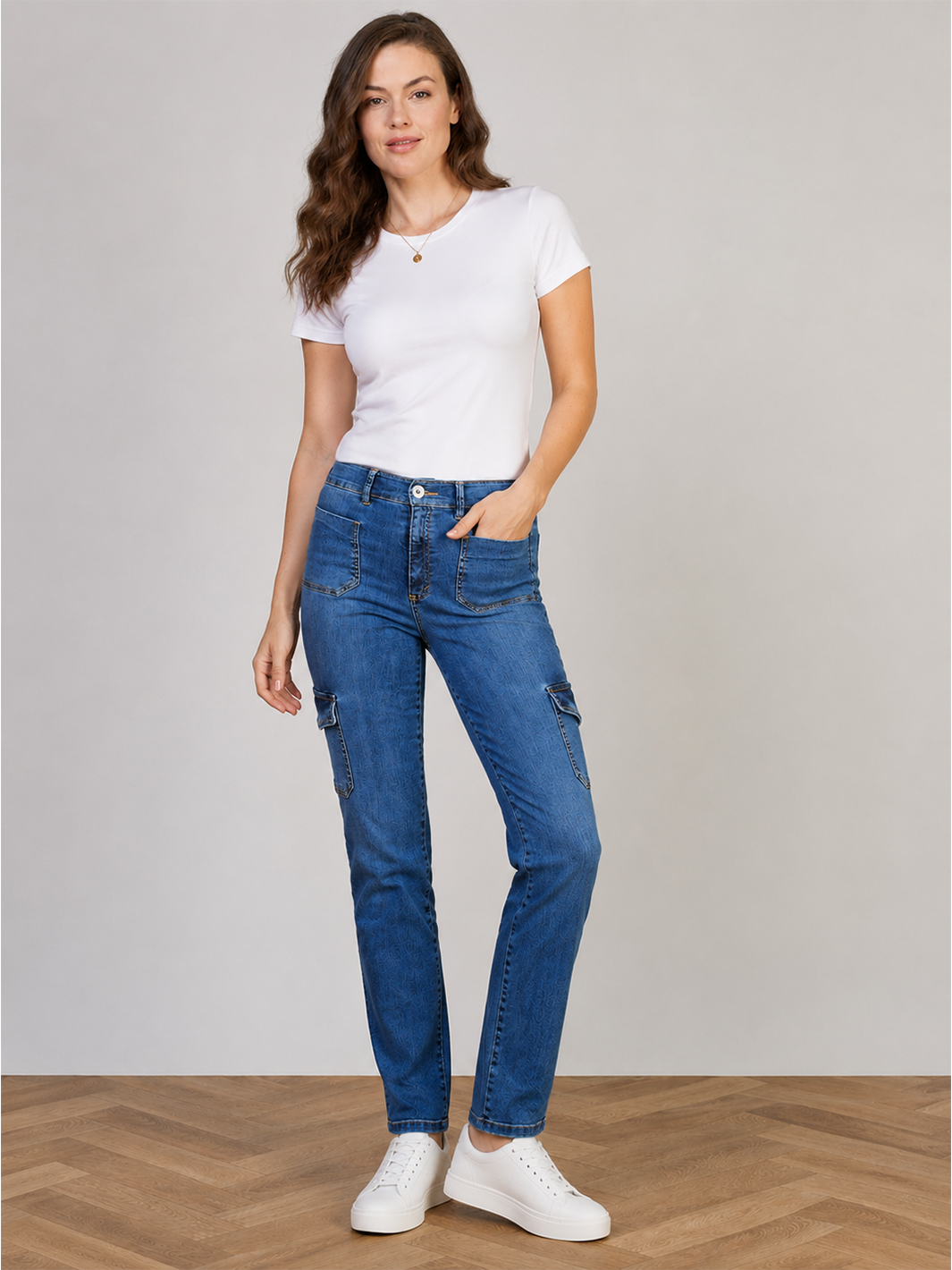 Utility Straight Jean – Mid Blue — full body front facing view with movement | Bianco Jeans