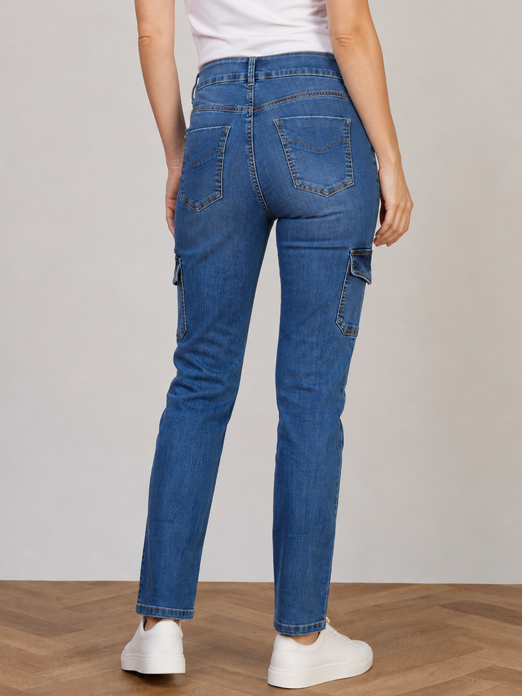 Utility Straight Jean – Mid Blue — half body back facing view | Bianco Jeans