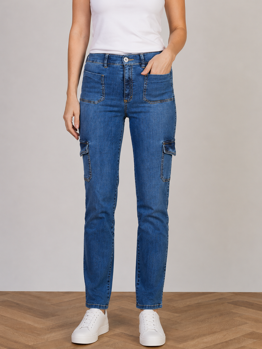 Utility Straight Jean – Mid Blue — half body front facing view | Bianco Jeans