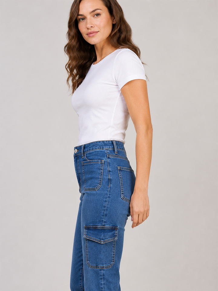 Utility Straight Jean – Mid Blue — close up of utility pockets and waist details | Bianco Jeans