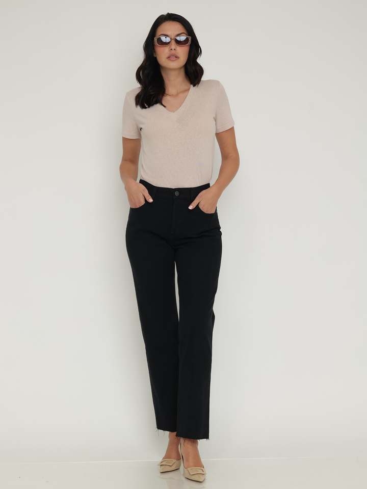 Cassie Black Straight Jean — full body front facing styled image | Bianco Jeans