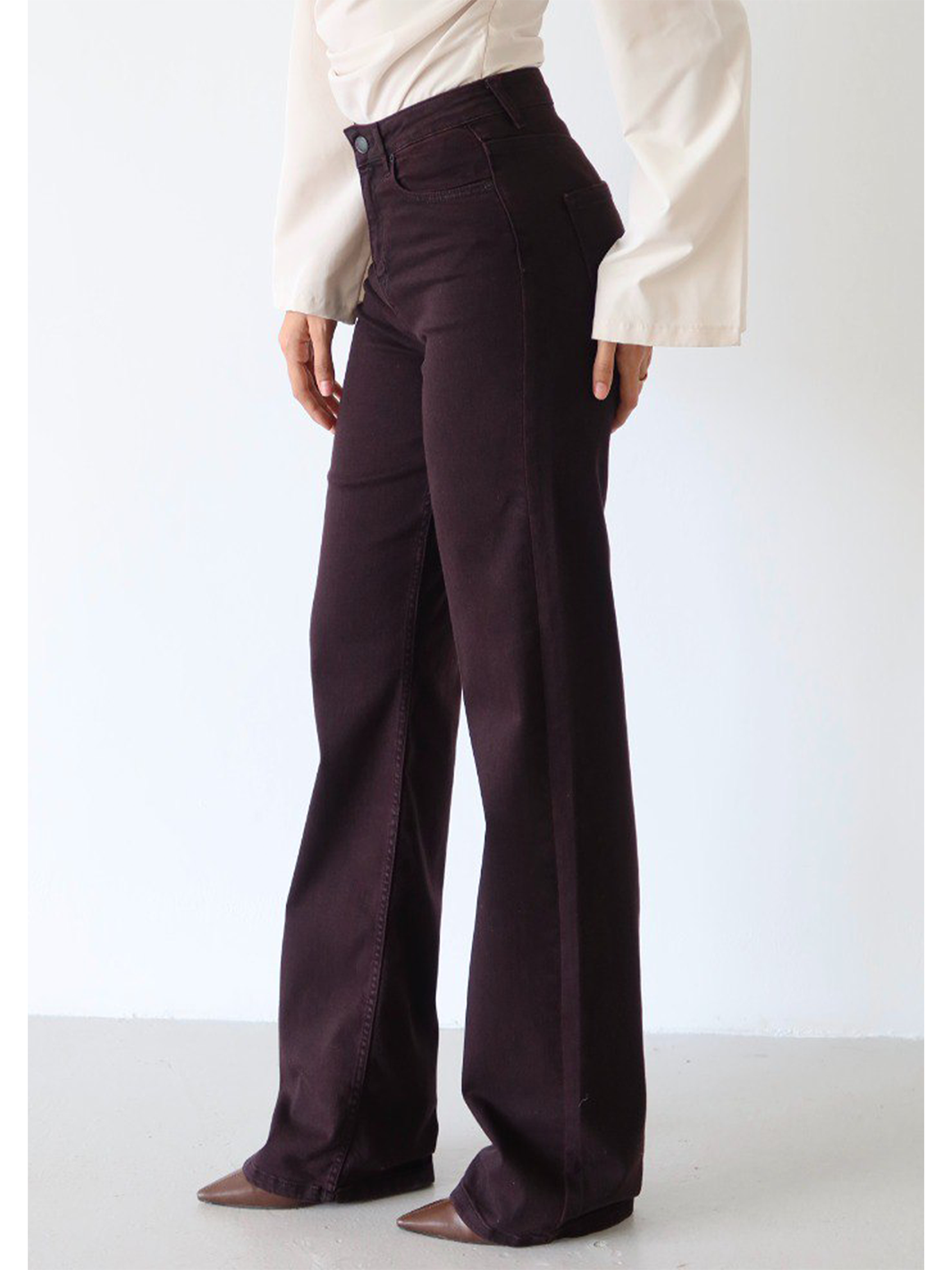 Nita Coco Wine Straight Jean - Half Body Side View Styled | Bianco Jeans