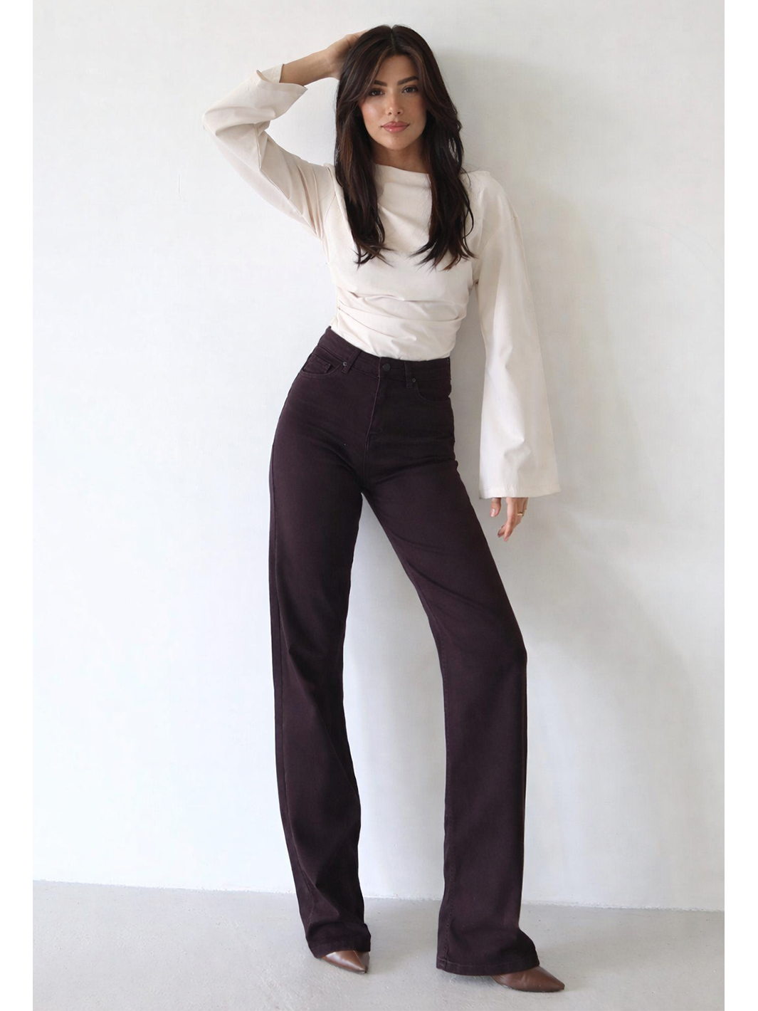Nita Coco Wine Straight Jean - Full Body Front Styled Hip Tilt Pose | Bianco Jeans