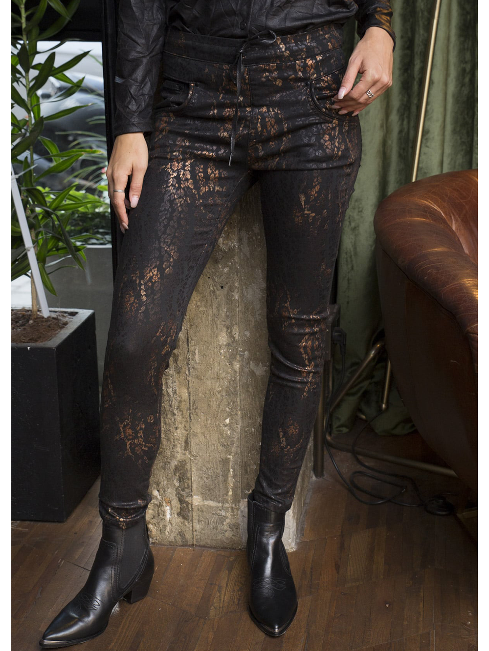 Copper Print Slim Pant — half body styled front facing image | Bianco Jeans