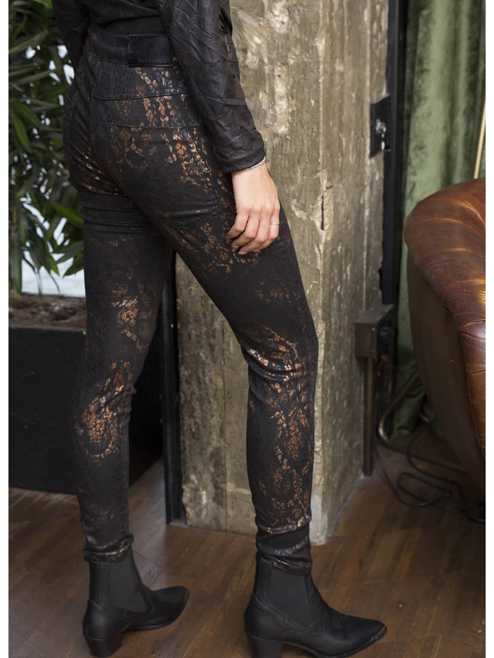 Copper Print Slim Pant — half body styled back facing image | Bianco Jeans