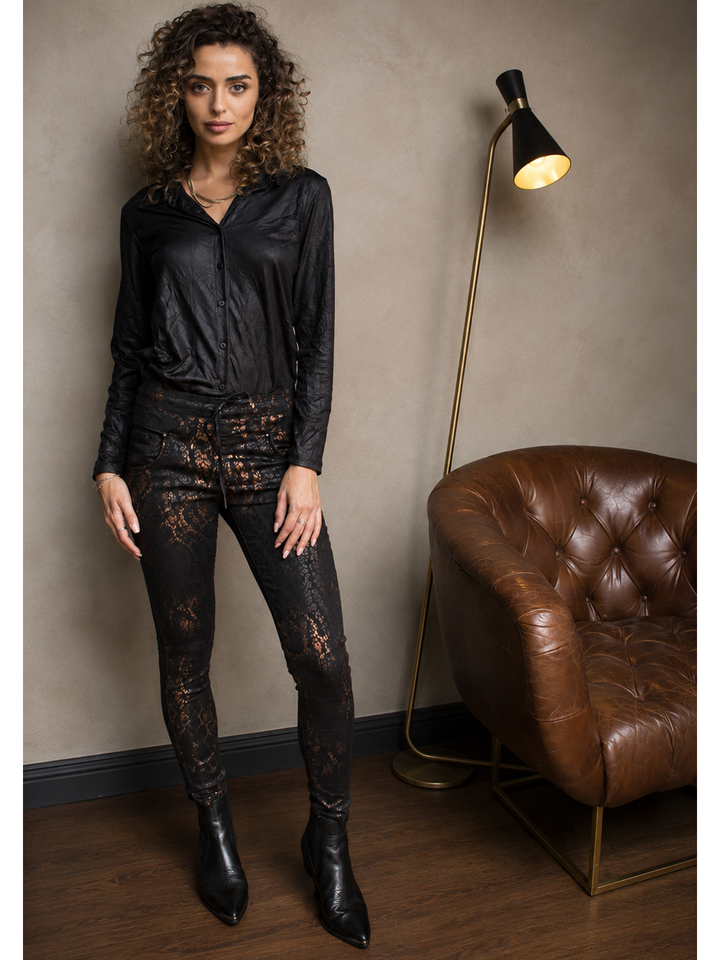 Copper Print Slim Pant — full body front facing lifestyle image | Bianco Jeans