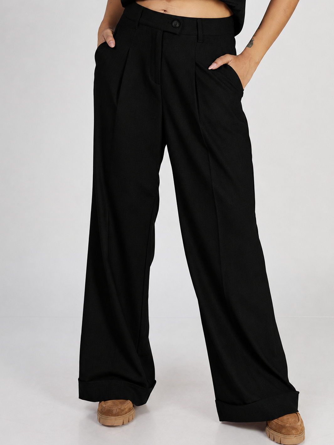 Greta Straight Leg Black Pant — half body front view | Bianco Jeans