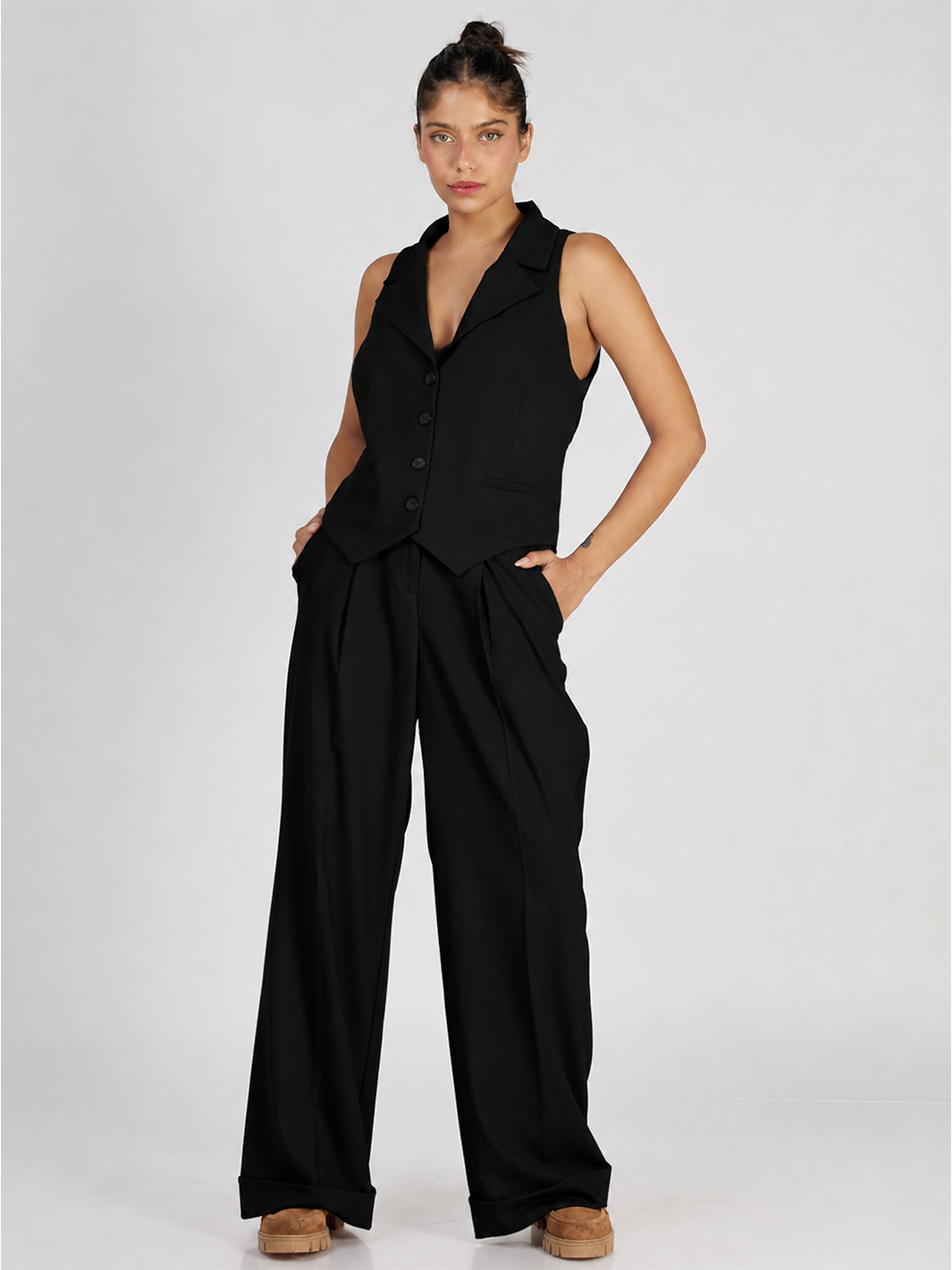 Greta Tailored Black Vest — full body front view styled with Greta Straight Leg Black Pant | Bianco Jeans