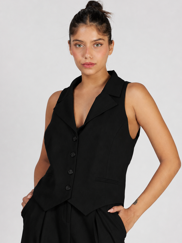 Greta Tailored Black Vest — close up front view on model | Bianco Jeans