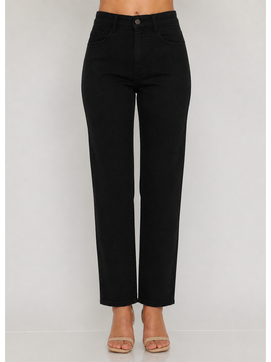 Isabella Straight Jean Black — half body front facing view, zip fly and button closure on classic black stretch denim | Bianco Jeans