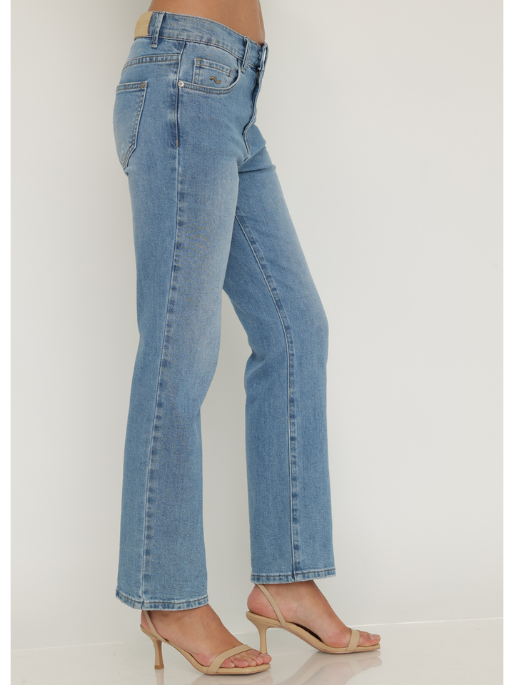 Isabella Straight Jean Medium Blue — half body side pose in motion, ankle-grazing straight leg stretch denim | Bianco Jeans