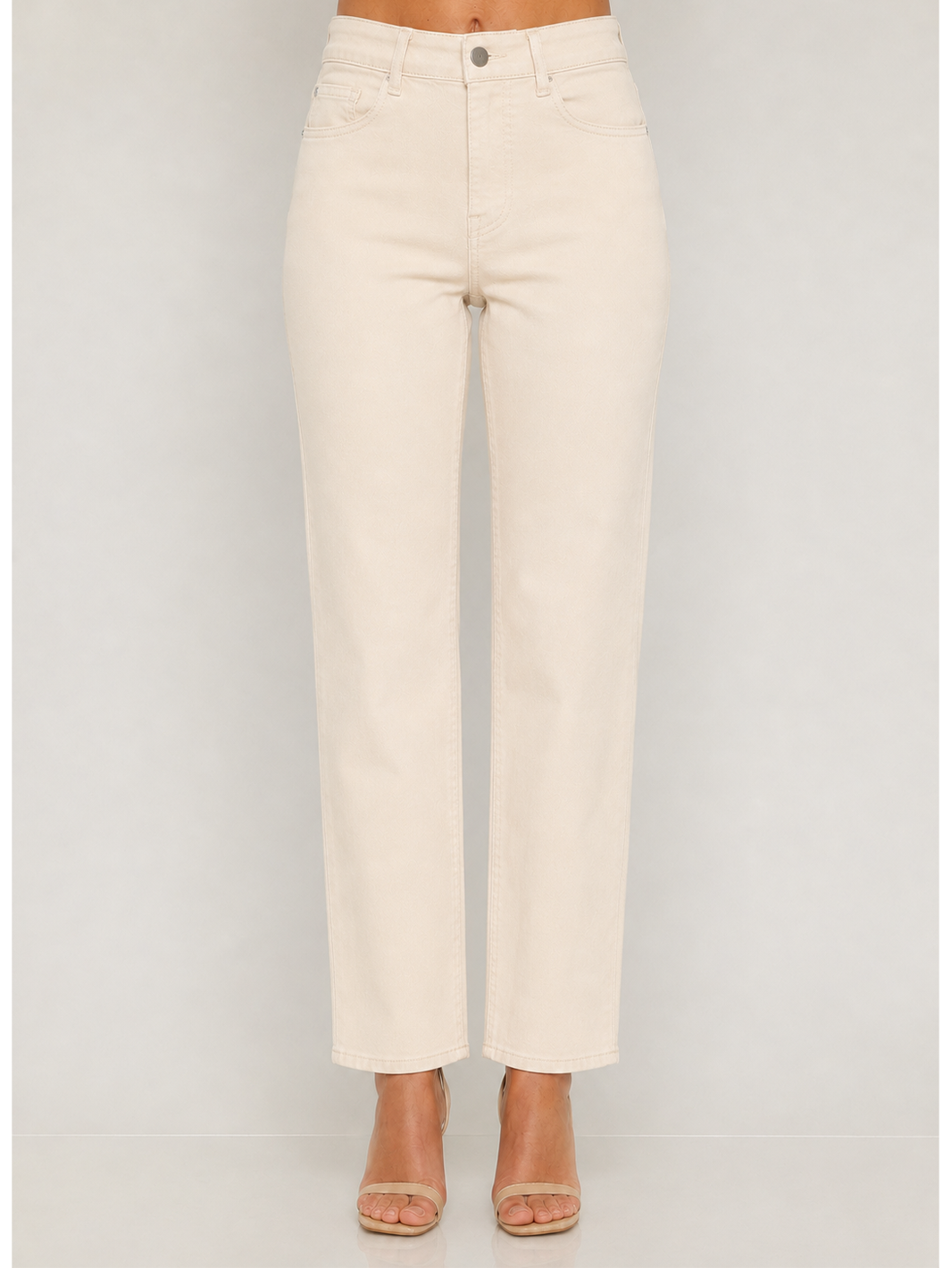 Isabella Straight Jean Cream — half body front facing view, zip fly and button closure on soft cream stretch denim | Bianco Jeans