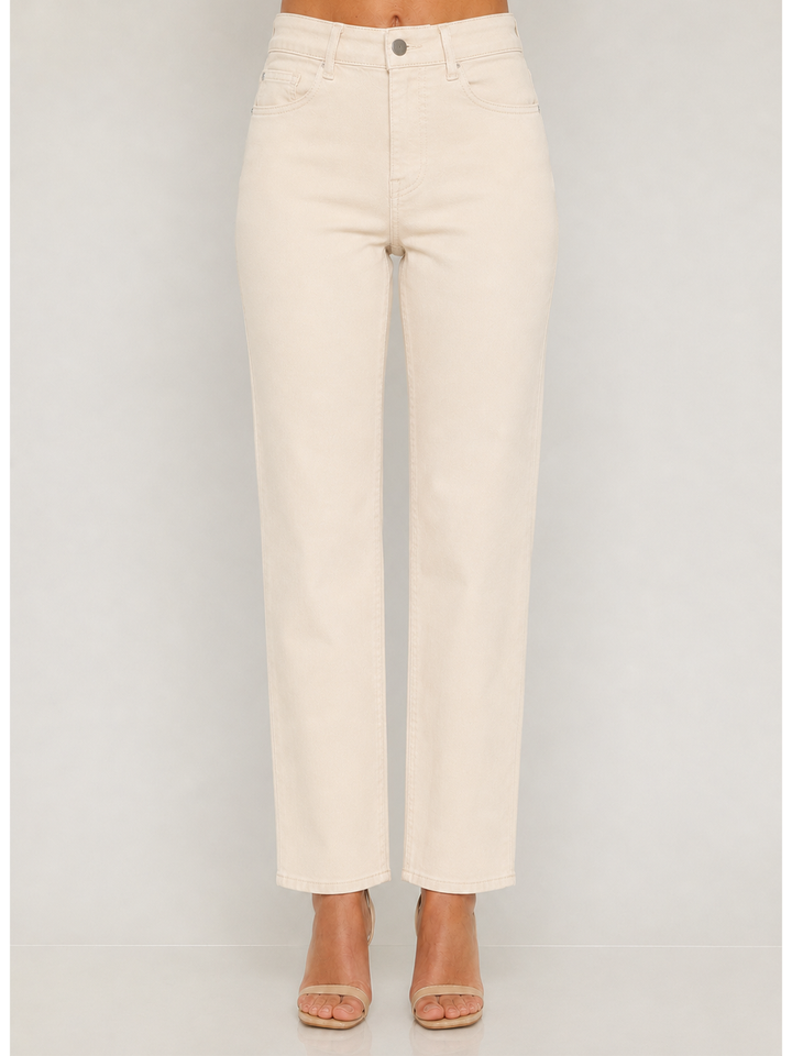 Isabella Straight Jean Cream — half body front facing view, zip fly and button closure on soft cream stretch denim | Bianco Jeans