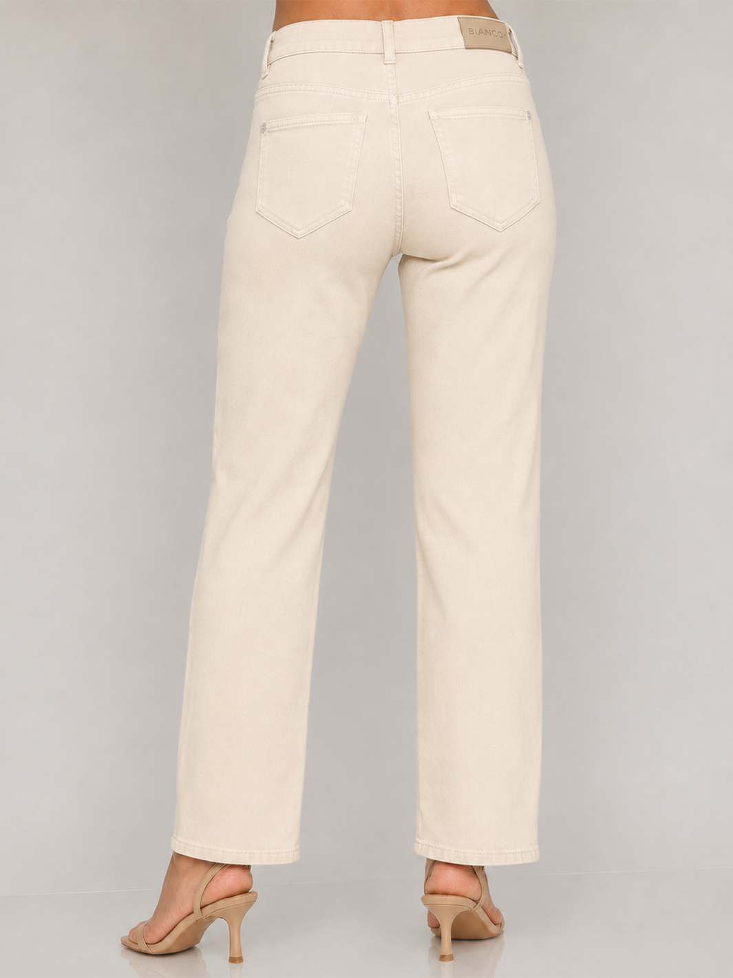 Isabella Straight Jean Cream — half body back facing view, five-pocket design on premium straight leg cream denim | Bianco Jeans