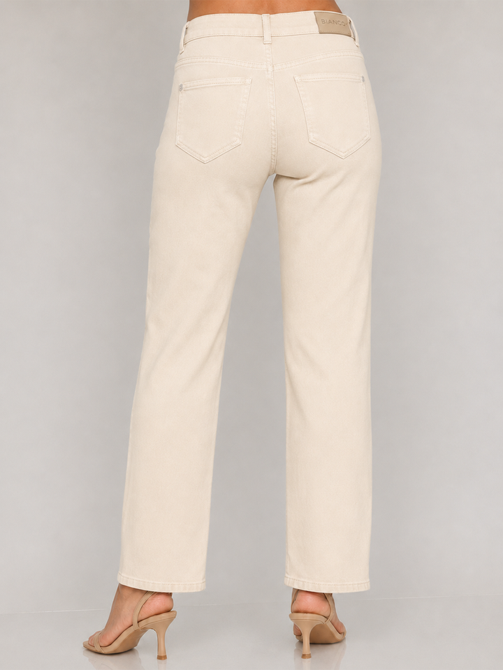 Isabella Straight Jean Cream — half body back facing view, five-pocket design on premium straight leg cream denim | Bianco Jeans