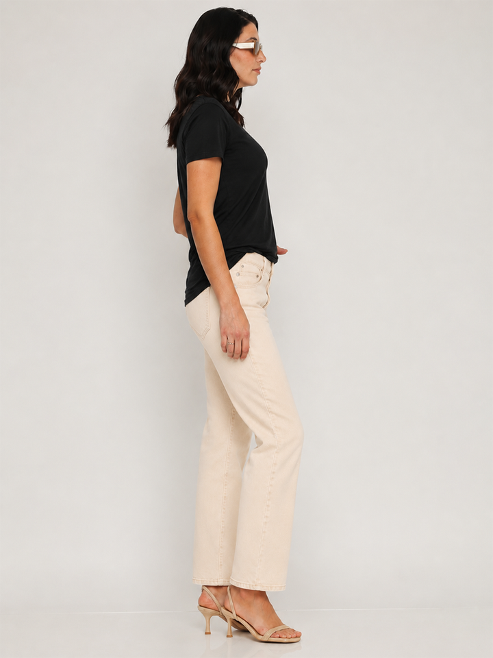 Isabella Straight Jean Cream — full body side facing styled view, full-length straight leg cream stretch denim silhouette | Bianco Jeans