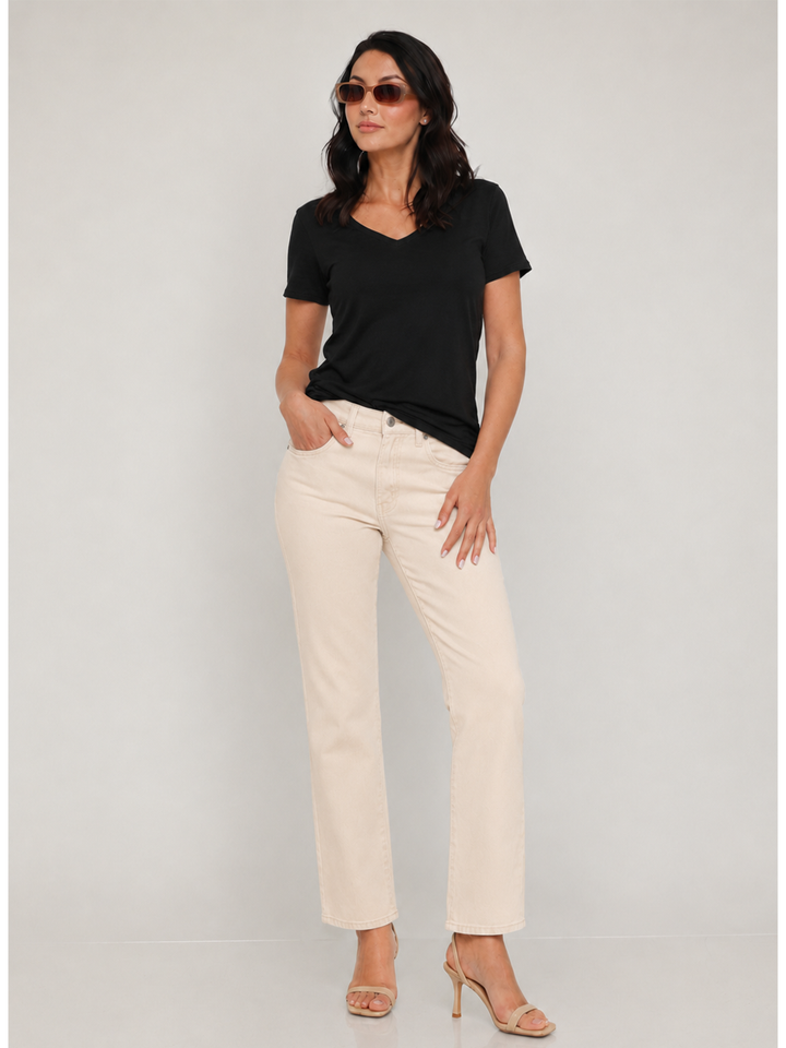 Isabella Straight Jean Cream — full body front facing styled view, mid-rise straight leg cream denim with refined finish | Bianco Jeans