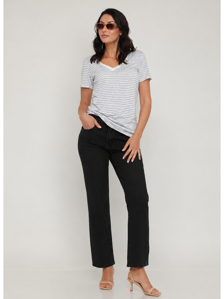 Isabella Straight Jean Black — full body front styled look, premium stretch denim in a sleek classic black wash | Bianco Jeans