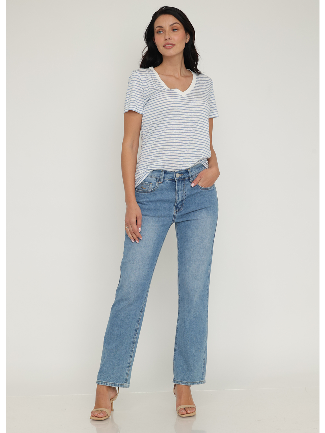 Isabella Straight Jean Medium Blue — full body front styled look, mid-rise straight leg denim in medium blue wash | Bianco Jeans