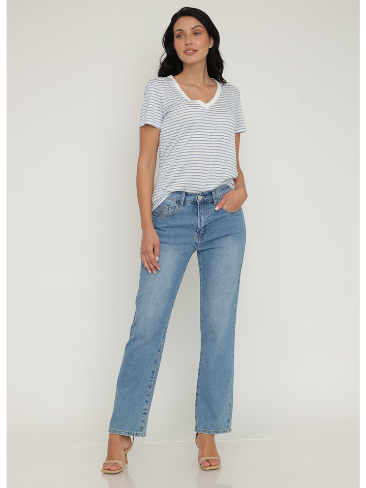 Isabella Straight Jean Medium Blue — full body front styled look, mid-rise straight leg denim in medium blue wash | Bianco Jeans