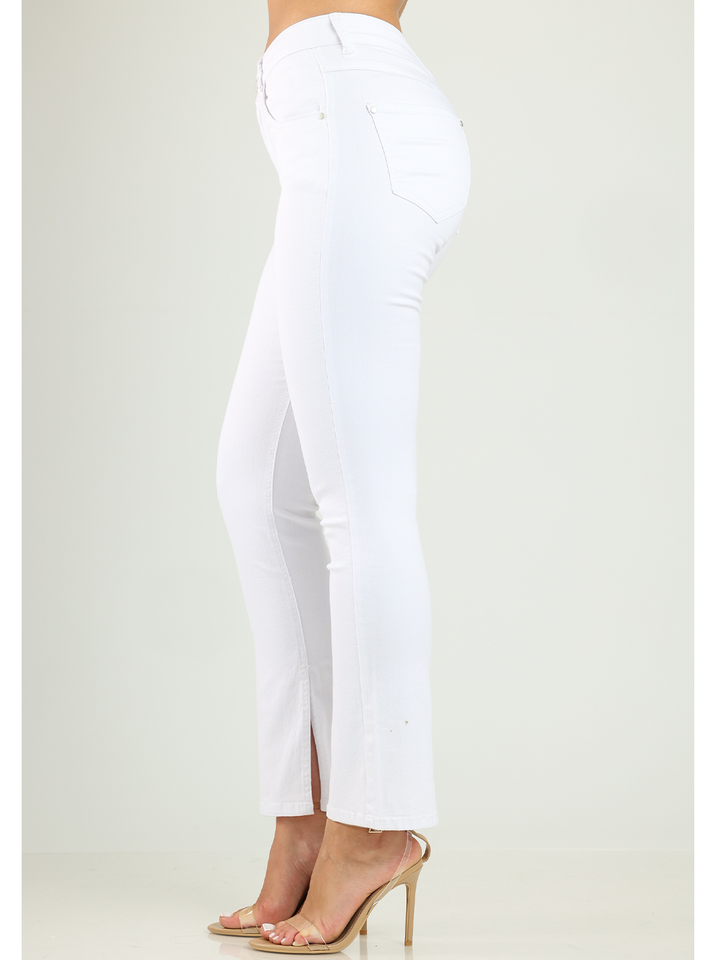 Jasmine White Jean — half body side profile, ankle length straight leg white denim | Bianco Jeans