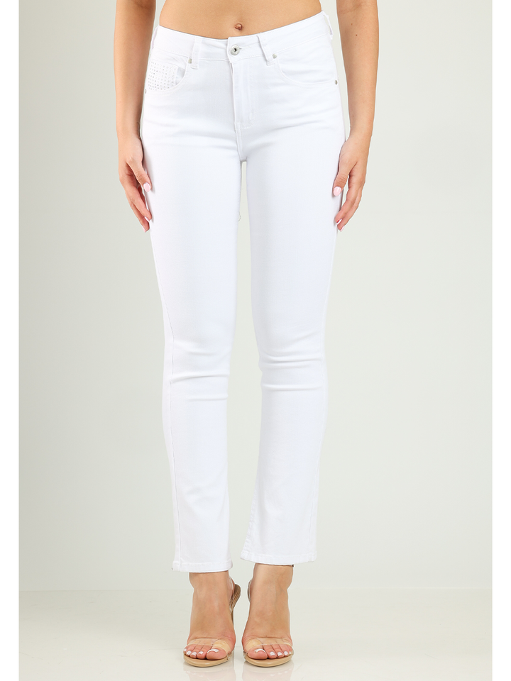 Jasmine White Jean — half body front facing view, stretch white denim with diamanté coin pocket | Bianco Jeans