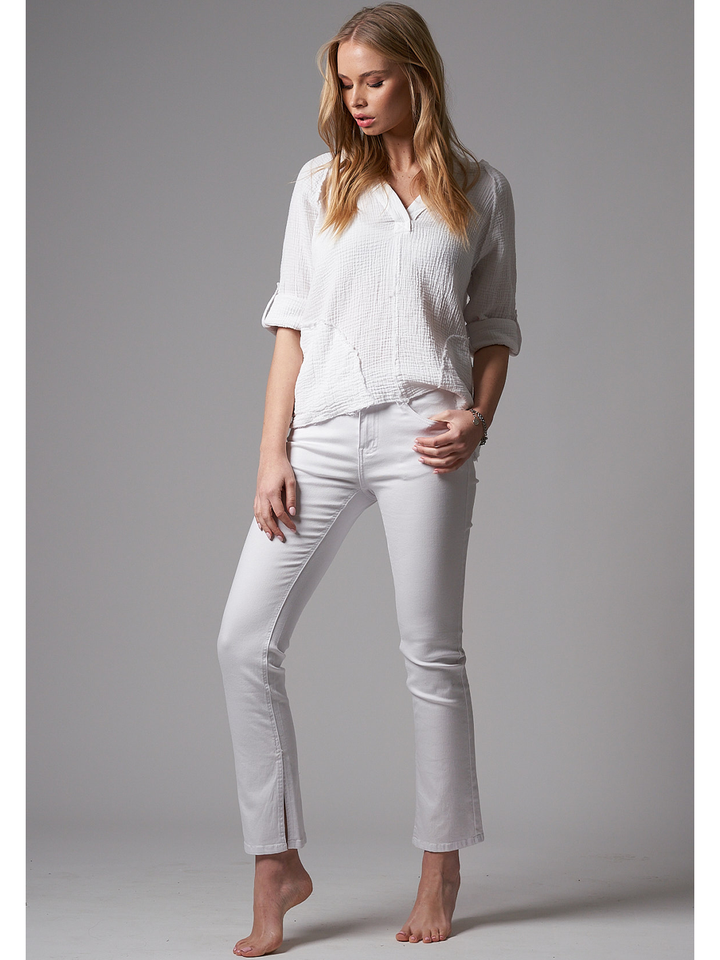 Jasmine White Jean — full body styled look, straight leg white denim with diamanté detail | Bianco Jeans