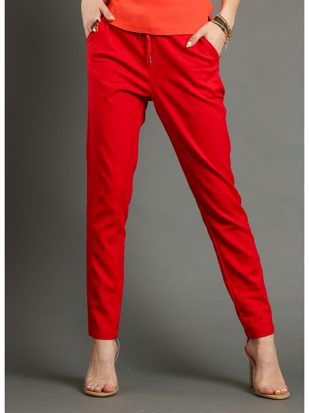 Karen Red Pant — half body front facing view | Bianco Jeans