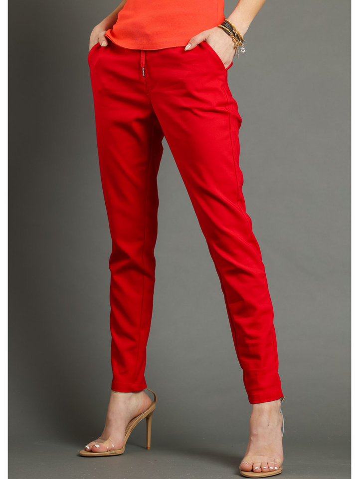 Karen Red Pant — half body slightly side facing view | Bianco Jeans