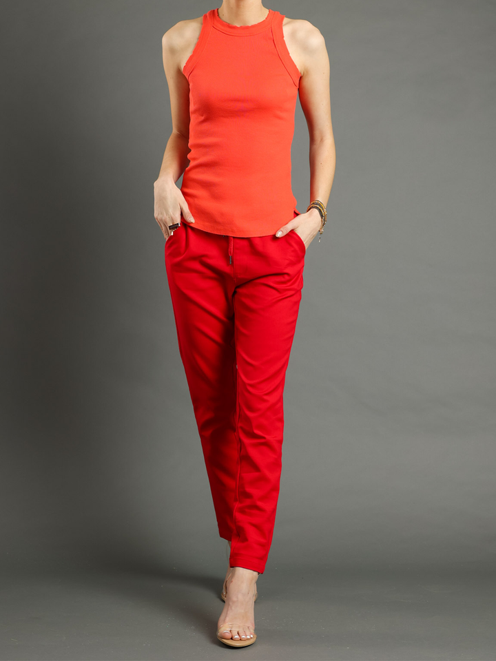 Karen Red Pant — full body styled image with movement | Bianco Jeans