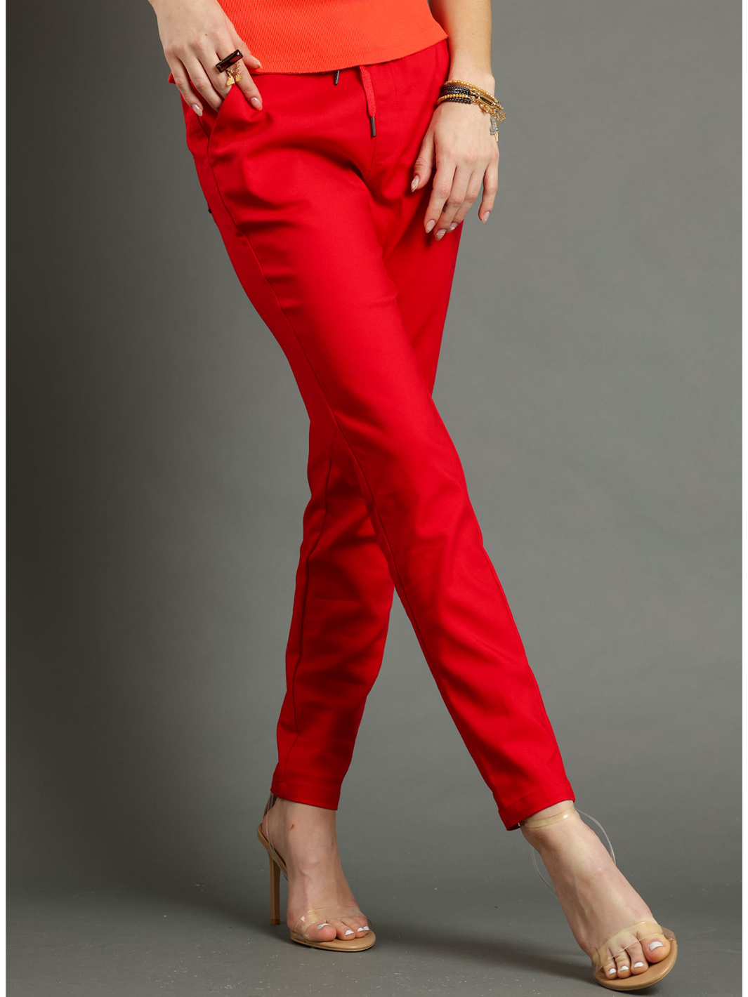 Karen Red Pant — half body side facing view | Bianco Jeans