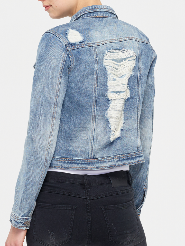 Riley Distressed Denim Jacket — side back facing image on model | Bianco Jeans