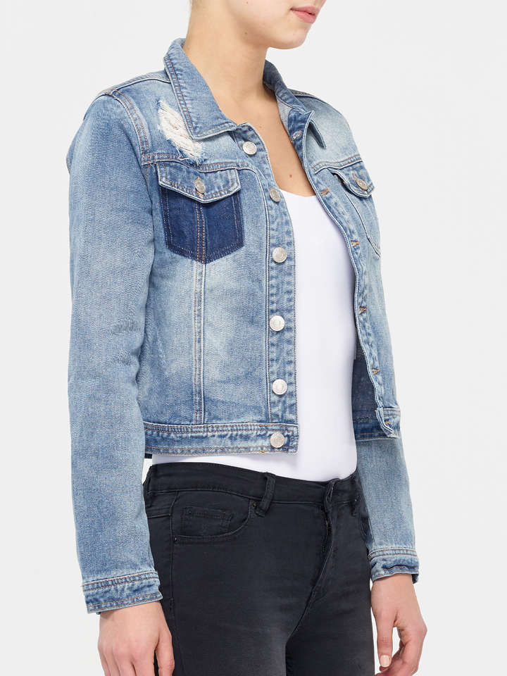 Riley Distressed Denim Jacket — front facing side styled image | Bianco Jeans