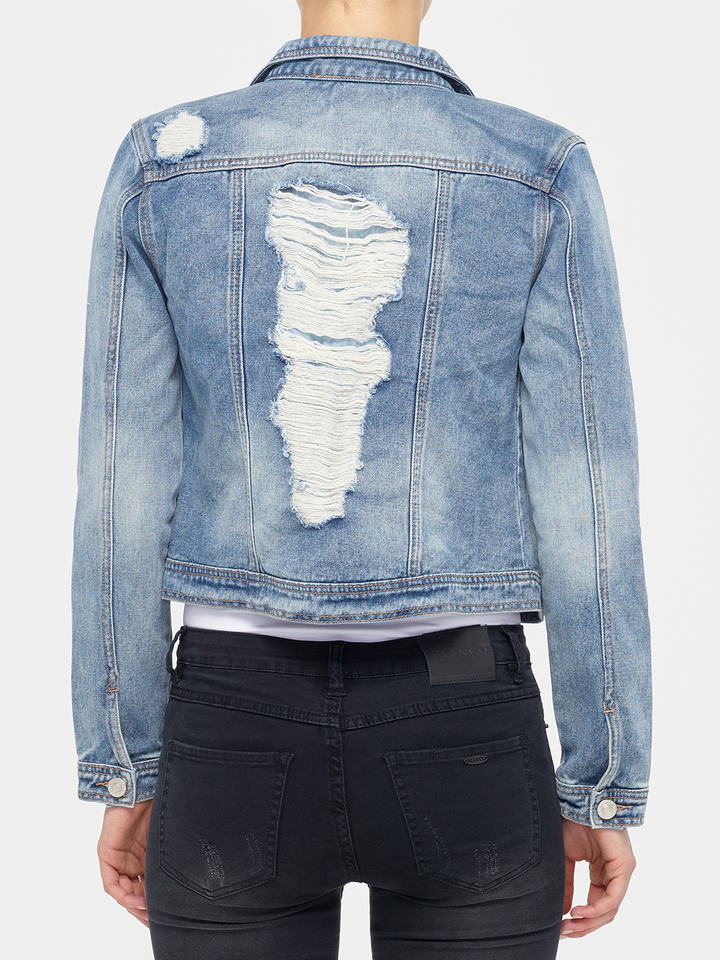 Riley Distressed Denim Jacket — back facing image on model | Bianco Jeans