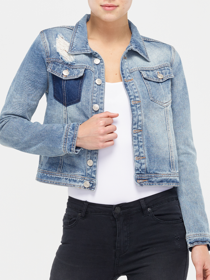 Riley Distressed Denim Jacket — front facing image on model | Bianco Jeans