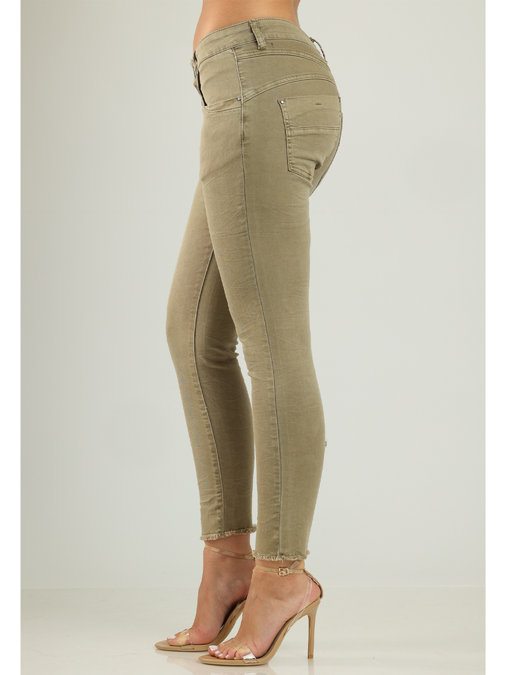 Lory Olive Boyfriend Pant — half body side view — Bianco Jeans