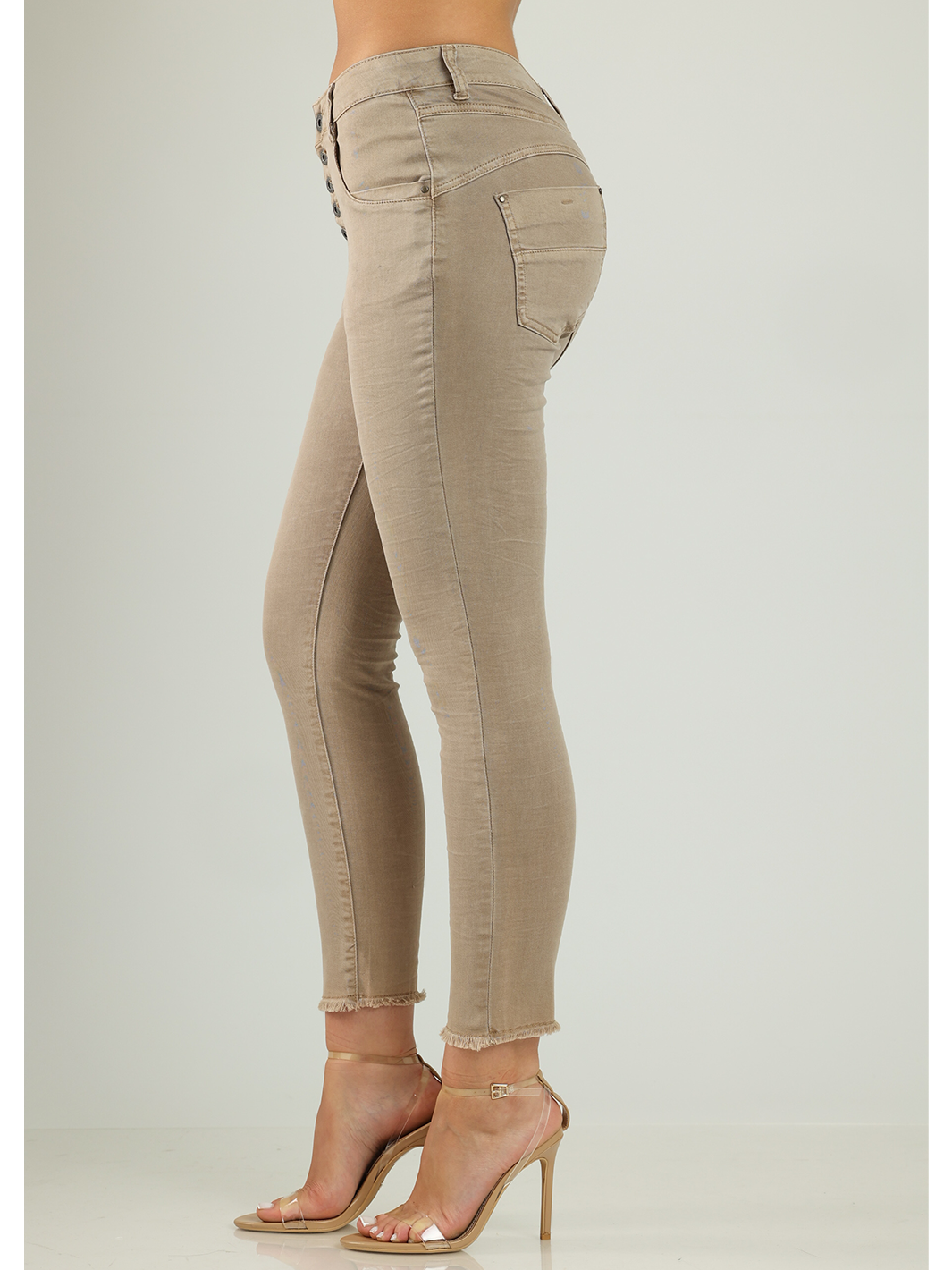 Lory Coffee Boyfriend Pant — side view, ankle length with raw hem and exposed button fly | Bianco Jeans