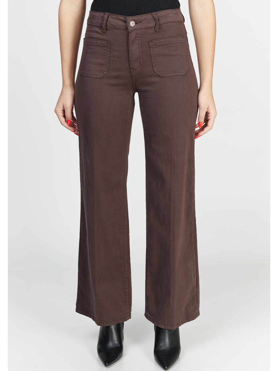 Malani Wide Leg Pant – Chocolate — half body front facing image | Bianco Jeans