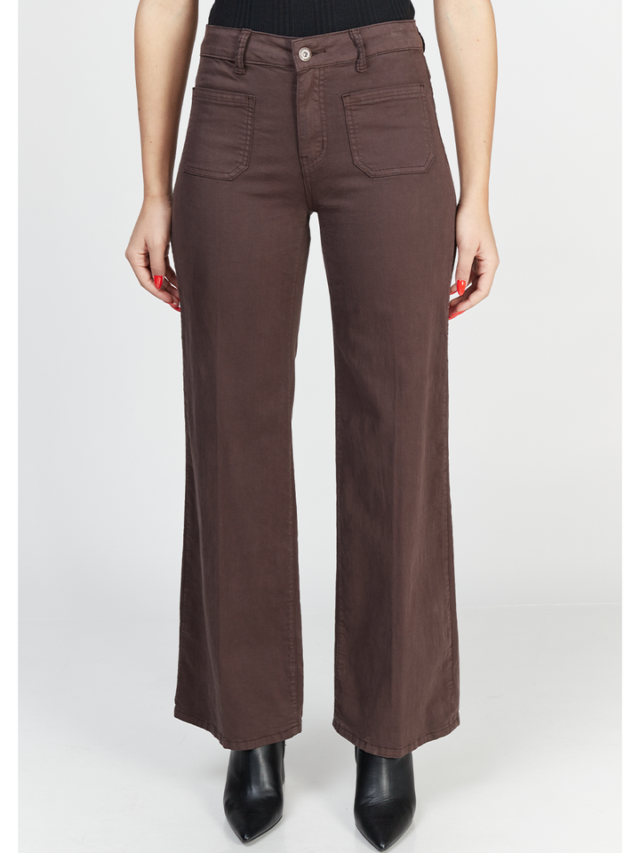 Malani Wide Leg Pant – Chocolate — half body front facing image | Bianco Jeans