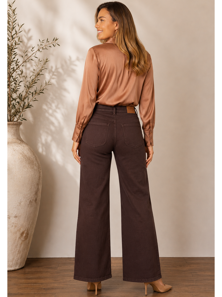 Malani Wide Leg Pant – Chocolate — full body back facing styled lifestyle image | Bianco Jeans