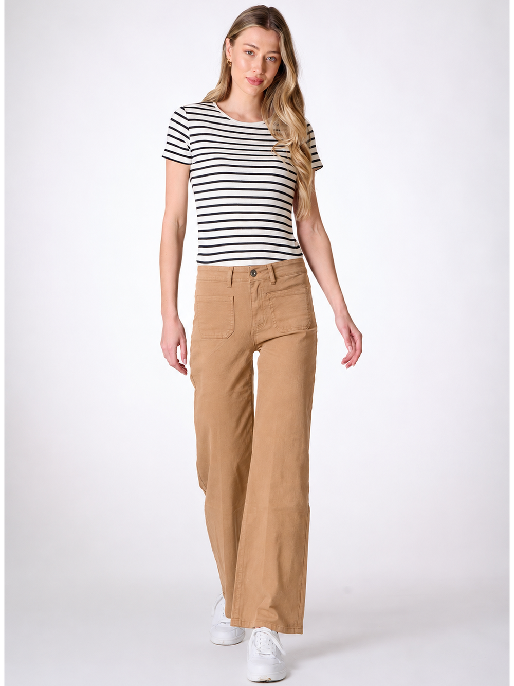 Malani Tan Wide Leg Pant — full body front facing — Bianco Jeans