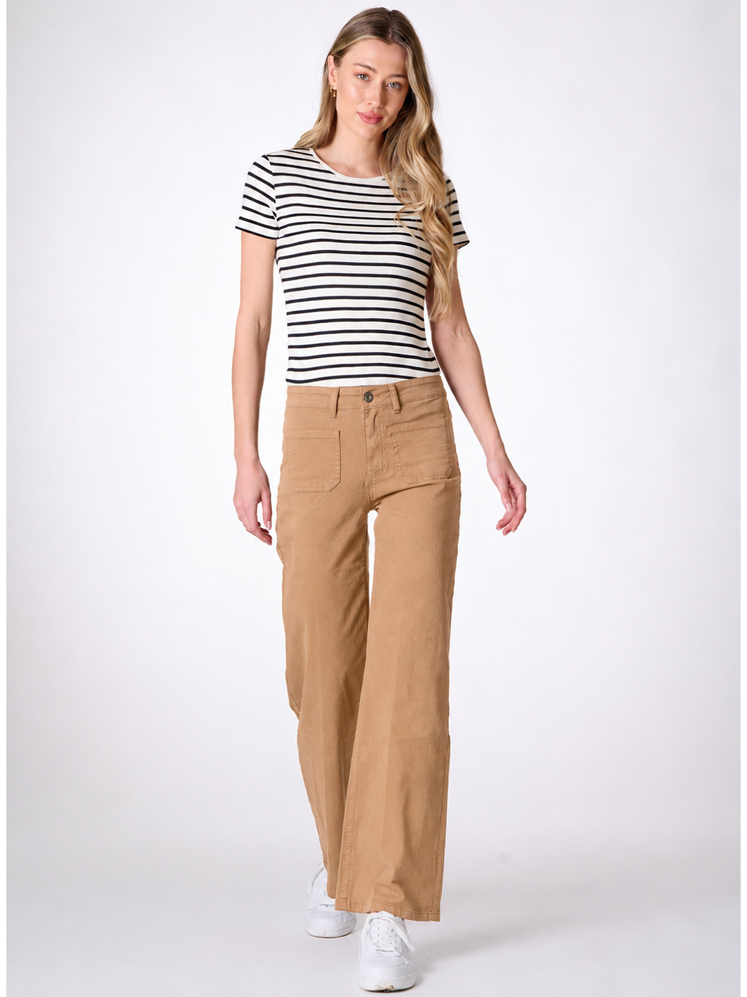 Malani Tan Wide Leg Pant — full body front facing — Bianco Jeans