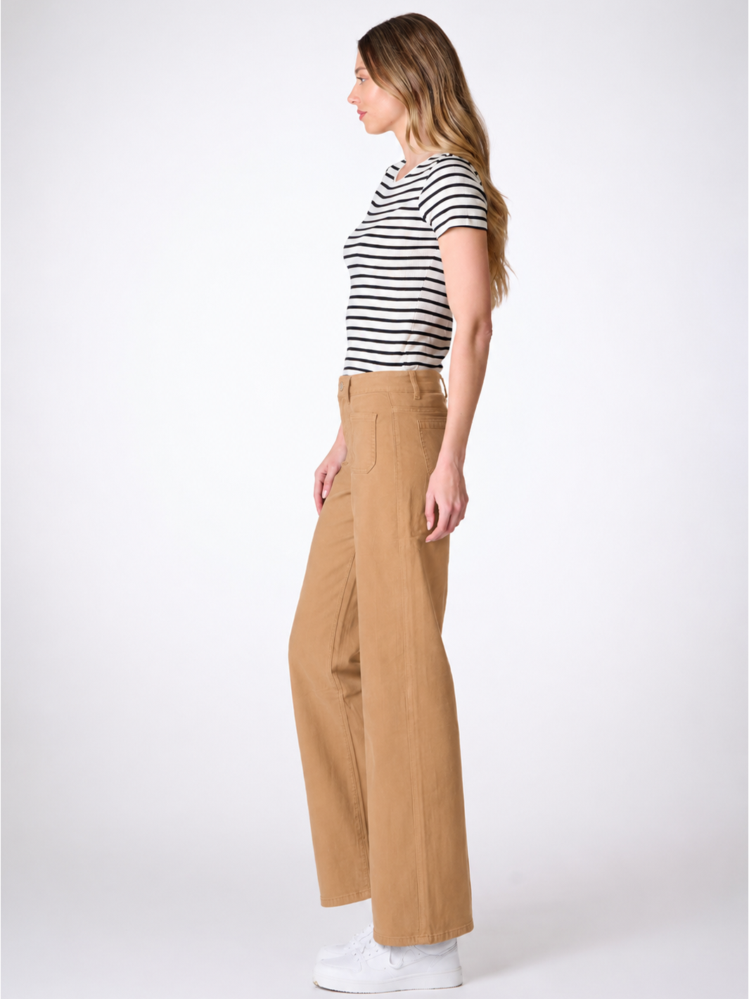 Malani Tan Wide Leg Pant — full body side profile — Bianco Jeans