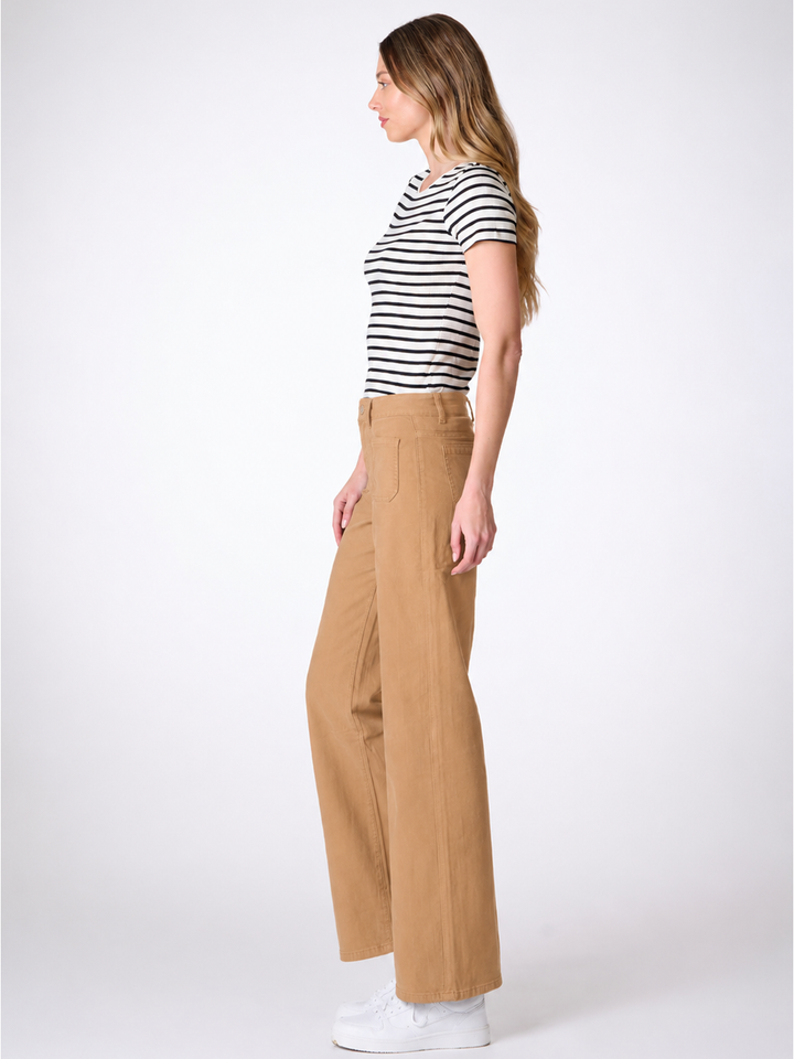 Malani Tan Wide Leg Pant — full body side profile — Bianco Jeans